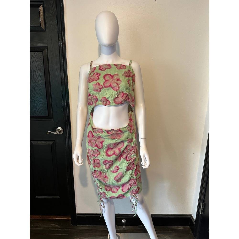 Wild Fable Floral Cutout Ruched Mini Dress Green Pink Sleeveless Bodycon